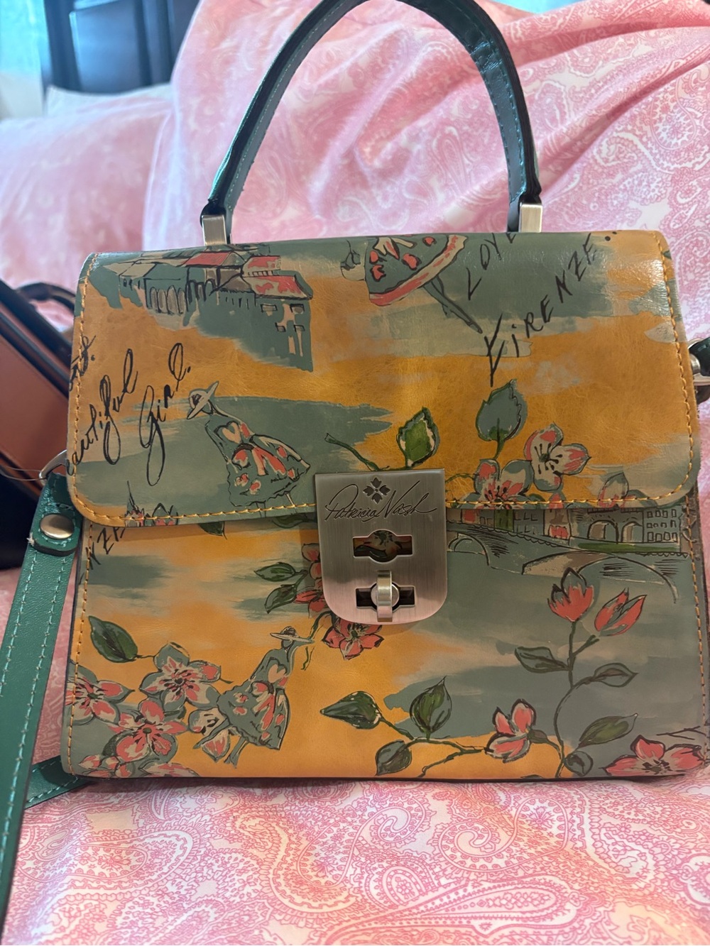 Patrica Nash Floral Printed Top-Handle Satchel in Mustard and Teal - Picture 2 of 5